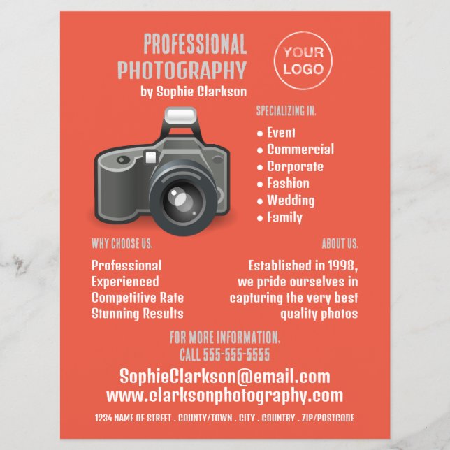 Flash Camera Icon, Photographer, Photography Hire Flyer (Front)