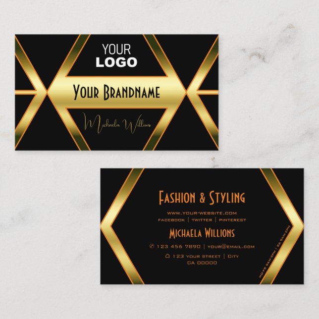 Flashy Black and Shimmery Golden with Logo Stylish Business Card (Front/Back)