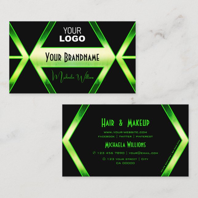 Flashy Black and Shimmery Green with Logo Stylish Business Card (Front/Back)