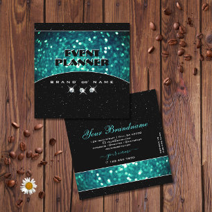 Flashy Black and Teal Sparkling Glitter Glamorous Square Business Card