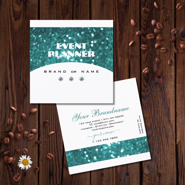 Flashy Black and Teal Sparkling Glitter Glamourous Square Business Card (Creator Uploaded)
