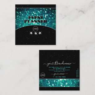 Flashy Black and Teal Sparkling Glitter with Logo Square Business Card