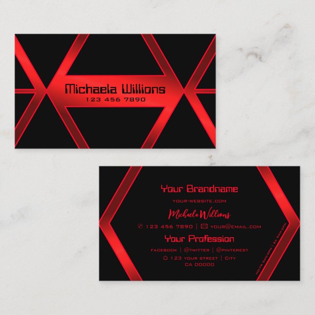 Flashy Black Geometric Shimmery Red Professional Business Card (Front/Back)