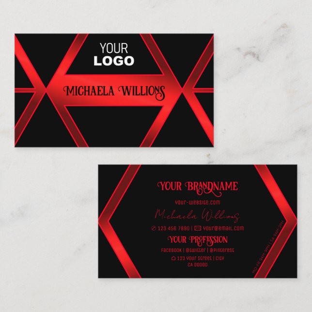 Flashy Black Geometric Shimmery Red with Logo Cool Business Card (Front/Back)