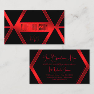 Flashy Black Geometric Shimmery Red with Monogram Business Card