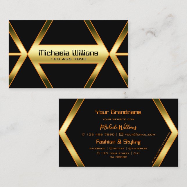 Flashy Black Geometrical and Shimmery Golden Cool Business Card (Front/Back)