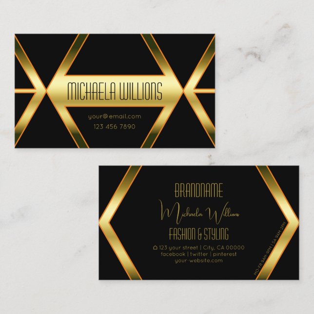 Flashy Black Geometrically Shimmery Golden Stylish Business Card (Front/Back)