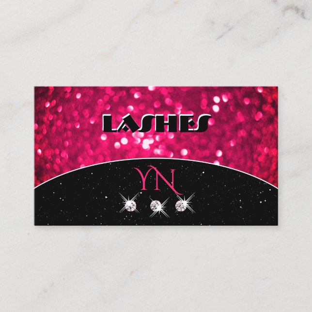 Flashy Black Girly Pink Sparkling Glitter Monogram Business Card (Front)