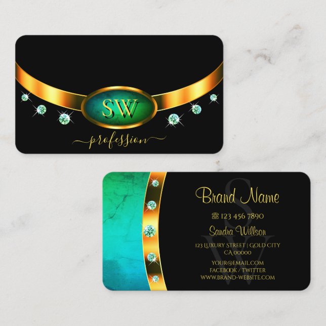 Flashy Black Gold Teal Marble Monogram Diamonds Business Card (Front/Back)