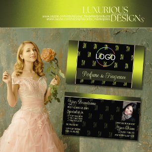Flashy Black Yellow with Logo Photo and Monogram Business Card
