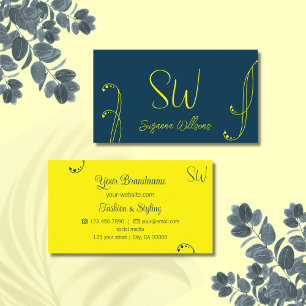 Flashy Blue and Yellow Modern Ornate with Monogram Business Card