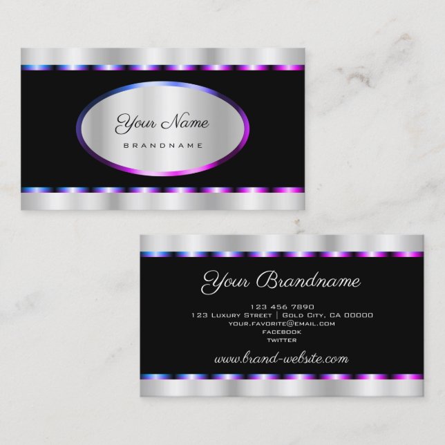 Flashy Blue Purple Frame with Black and Silver Business Card (Front/Back)