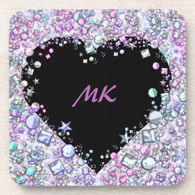 Flashy & Elegant Sequin Glitter Heart Monogrammed Coaster (Front)