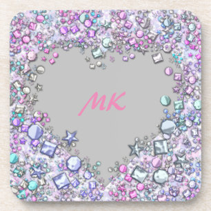 Flashy & Girly Sequin Glitter Heart Monogrammed Coaster