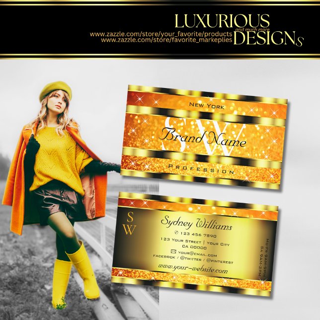 Flashy Gold Orange Gradient Glitter Stars Initials Business Card (Creator Uploaded)