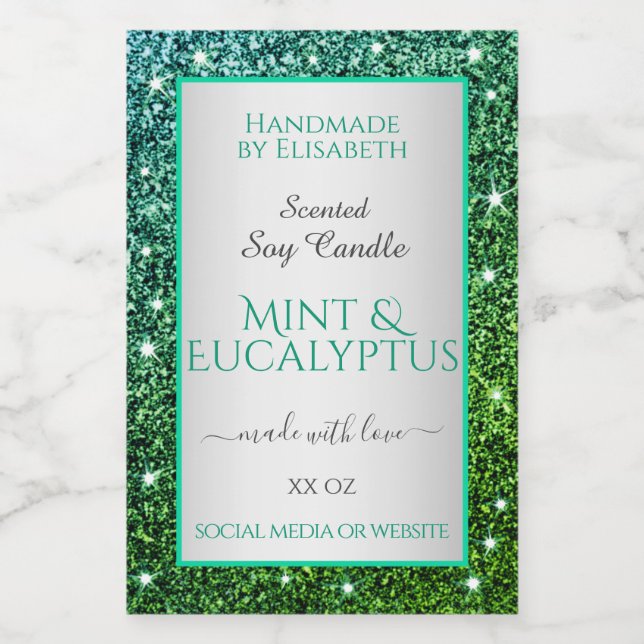 Flashy Green Teal Glitter Product Labels Beauty & (Single Label)