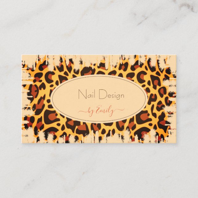 Flashy Leopard Pattern Pastel Peach Design Nails Business Card (Front)