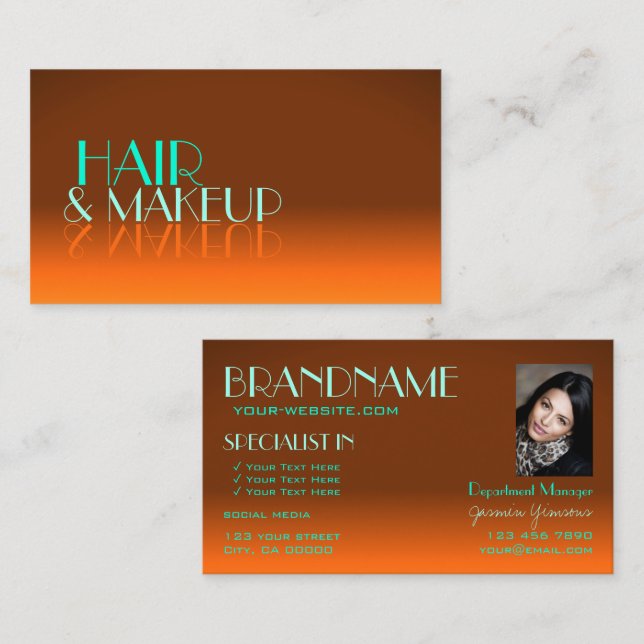 Flashy Orange and Teal Chic Mirror Font with Photo Business Card (Front/Back)