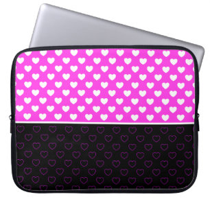 Flashy Pink, Black And White Hearts Pattern Girlie Laptop Sleeve