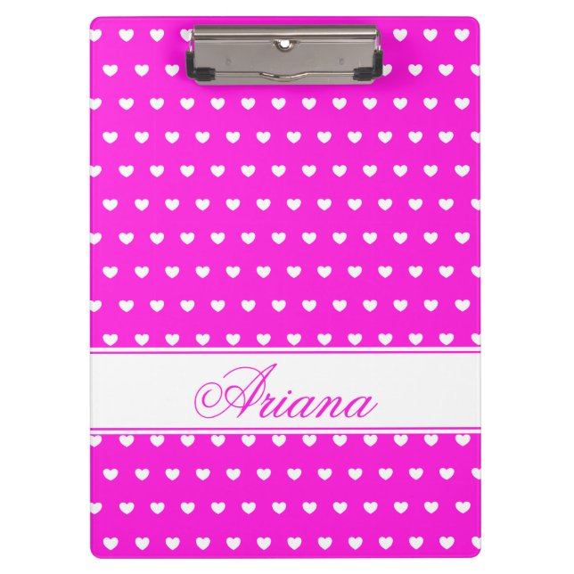 Flashy Pink With Cute White Hearts, Custom Name Clipboard (Front)