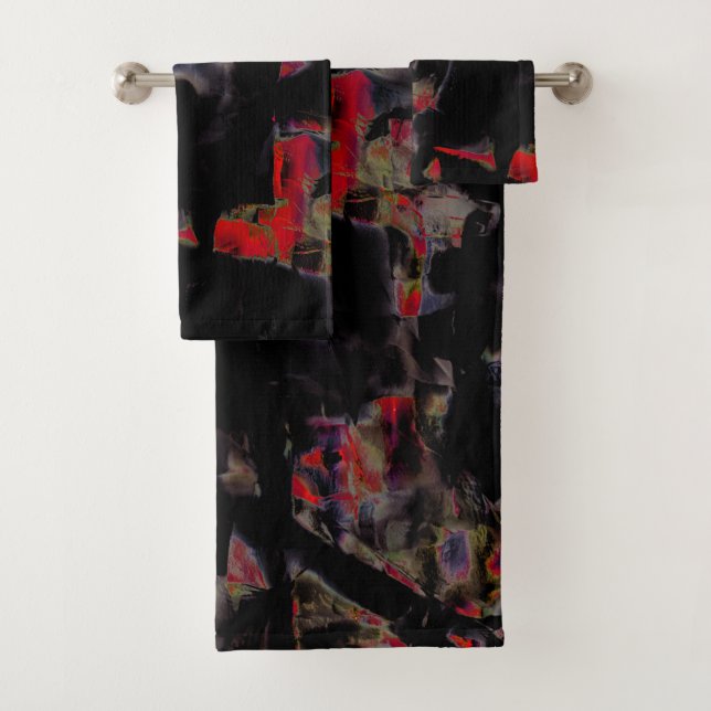 Flashy red blots on dark gray rocky base, texture  bath towel set (Insitu)