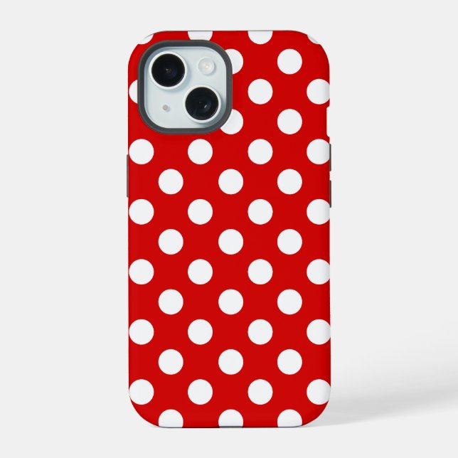 Flashy Red With Feminine White Polka Dot Pattern iPhone 15 Case (Back)
