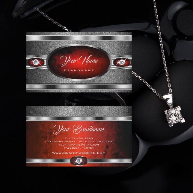 Flashy Silver Effect Red Pattern Faux Rhinestones Business Card (Creator Uploaded)