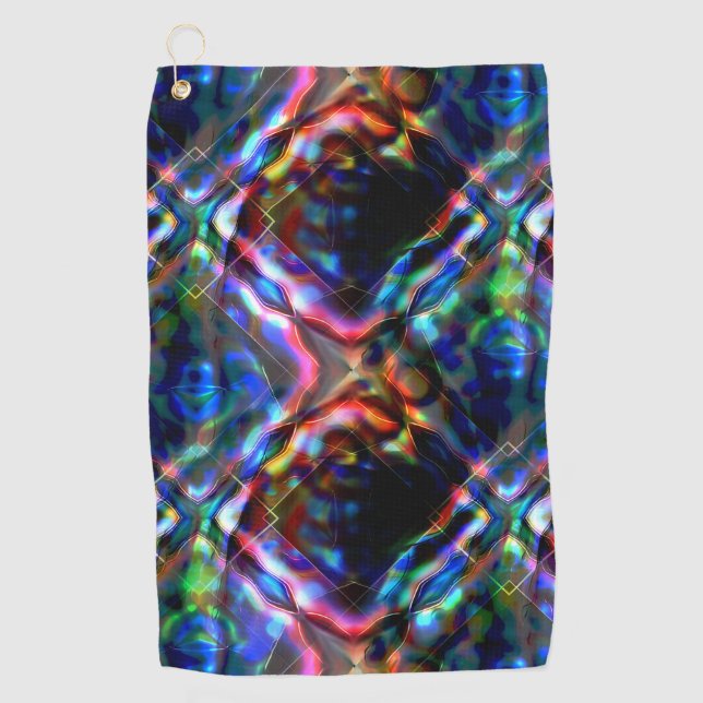 Flashy square coloured kaleidoscope with neon tone golf towel (Front)