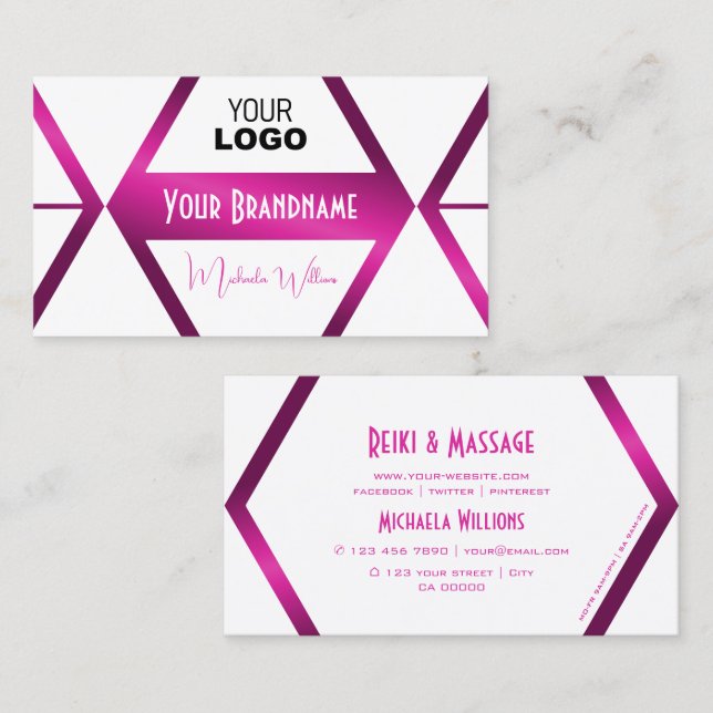 Flashy White Geometric Shimmery Pink with Logo Business Card (Front/Back)