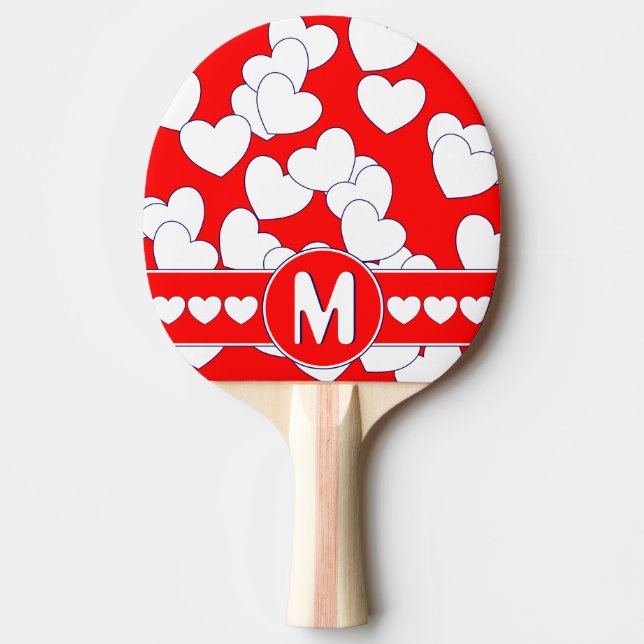 Flashy White Hearts Striking Red Custom Monogram   Ping Pong Paddle (Front)