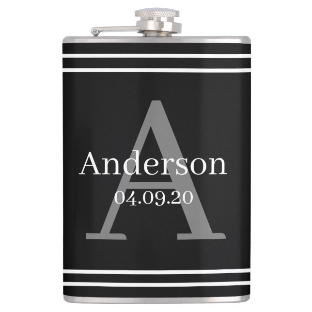 Flask - Personalised Black Surname Initial Date (Front)