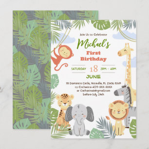 Flat 1st birthday invitation with of cute animals.