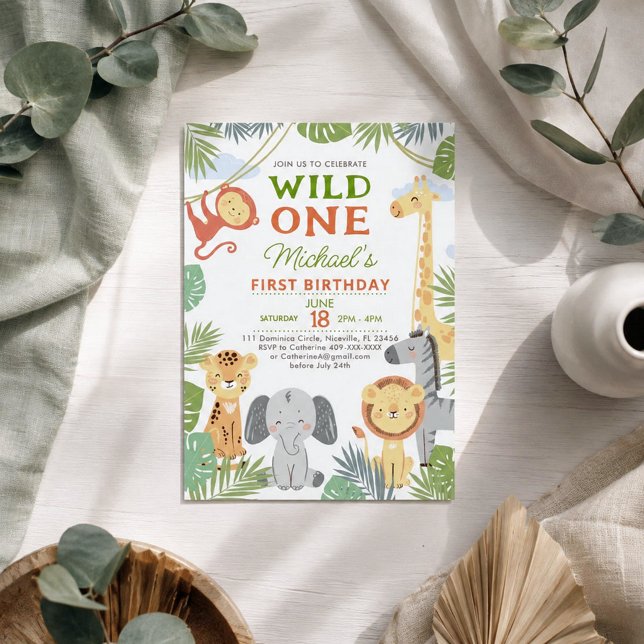 Flat 1st birthday invitation with of cute animals. (Creator Uploaded)