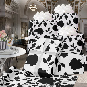 Flat Black Floral Toile Vine On White Wrapping Paper