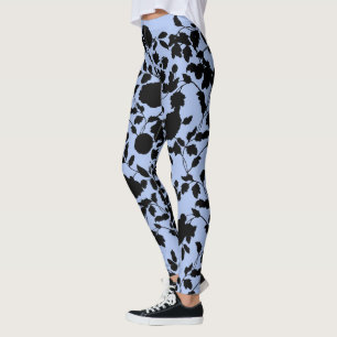 Flat Black On Periwinkle Blue Floral Toile Leggings