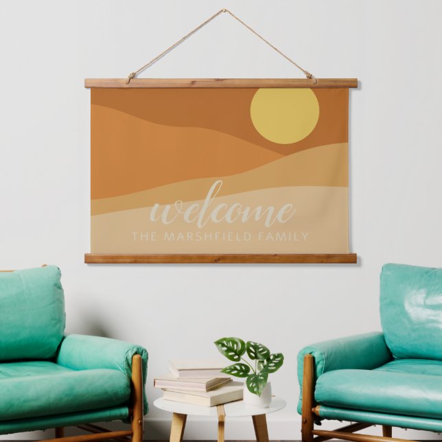Flat Boho Mountain Sunset Desert colours Welcome Hanging Tapestry (Living Room)