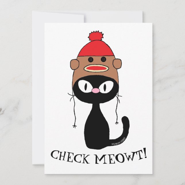 Flat Card Check Meowt Black Cat w/ Sock Monkey Hat (Front)