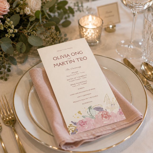 Flat CardElegant Floral Wedding Program Invitation (Elegant Floral Wedding Ceremony Program for Romantic Reception Table Styling)