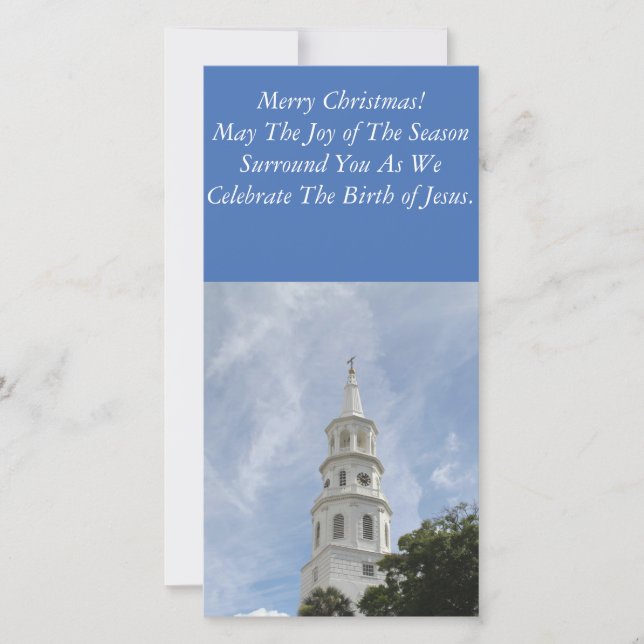 Flat Christmas Card, White Steeple, Church Holiday Card (Front)