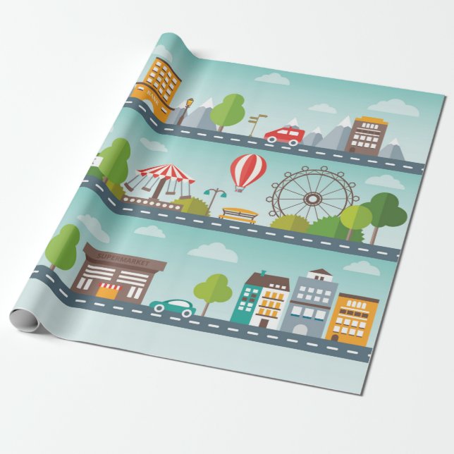 Flat Cityscape Map Wrapping Paper (Unrolled)