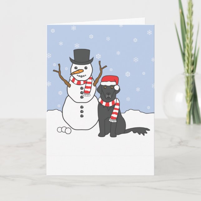 Flat-Coated Retriever and Snowman Holiday Card (Front)