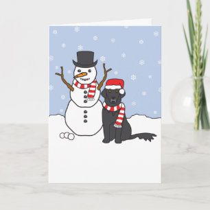 Flat-Coated Retriever and Snowman Holiday Card