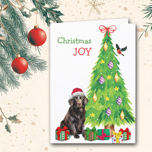 Flat Coated Retriever Dog, Bird and Christmas Tree Holiday Card