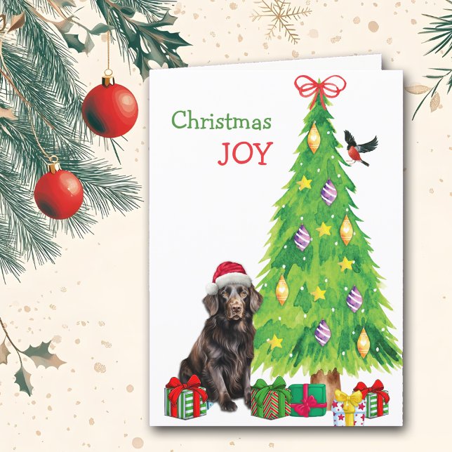 Flat Coated Retriever Dog, Bird and Christmas Tree Holiday Card (Creator Uploaded)