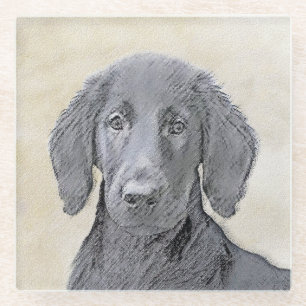 Flat-Coated Retriever Painting - Cute Original Dog Glass Coaster