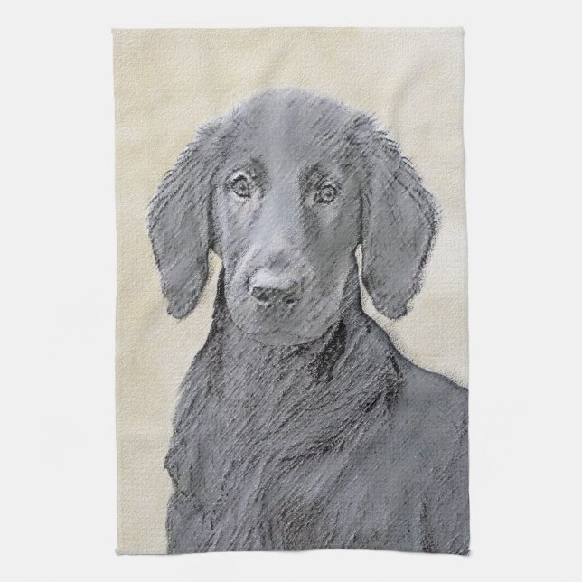 Flat-Coated Retriever Painting - Cute Original Dog Tea Towel (Vertical)