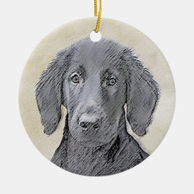 Flat-Coated Retriever Painting - Original Dog Art Ceramic Tree Decoration (Front)