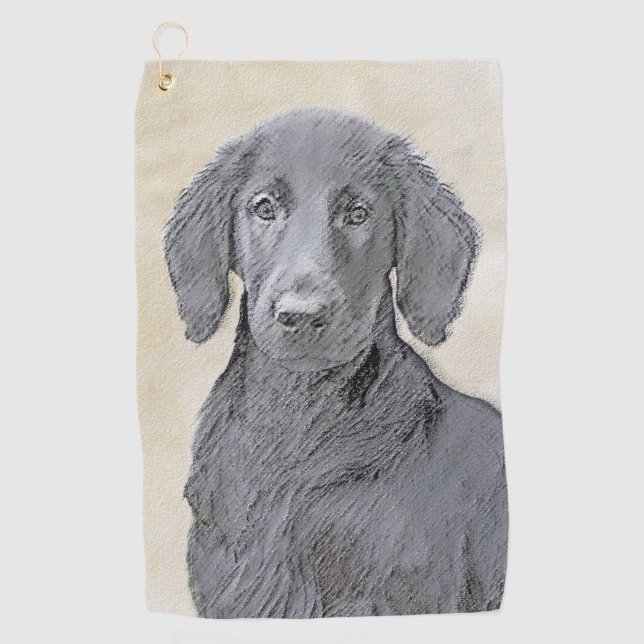 Flat-Coated Retriever Painting - Original Dog Art Golf Towel (Front)