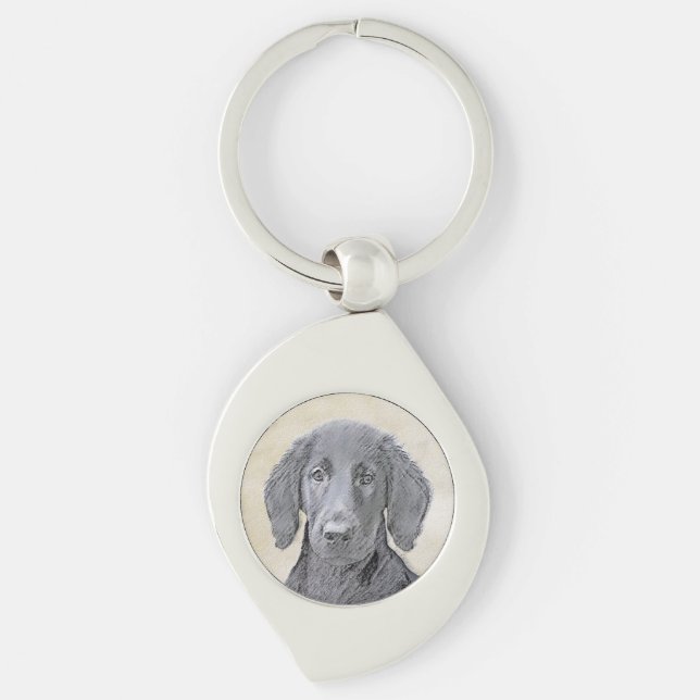 Flat-Coated Retriever Painting - Original Dog Art Key Ring (Front)