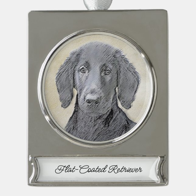 Flat-Coated Retriever Painting - Original Dog Art Silver Plated Banner Ornament (Front)
